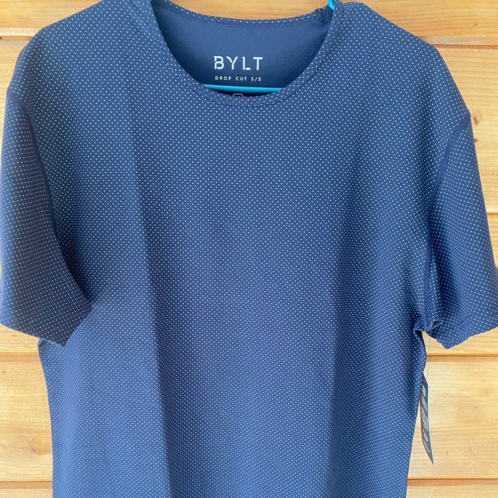 Mens BYLT Dotted T-Shirt - Navy with Charcoal dots.